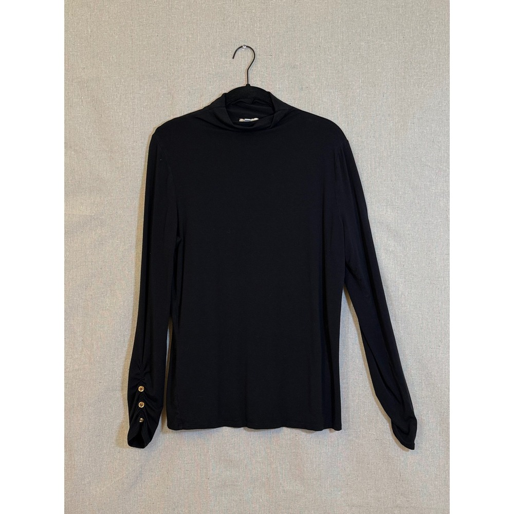 Madison Womens Black Mock Neck Ruched Gold Button Sleeve Top Size L